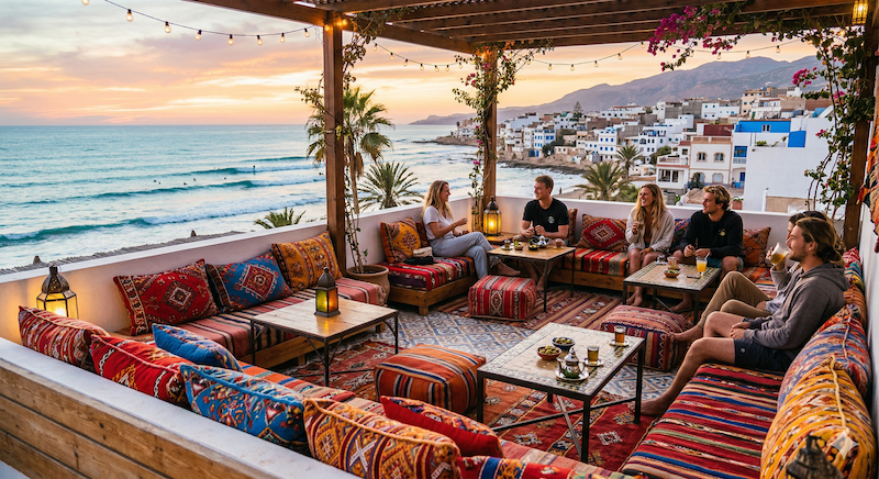 Rooftop terrace at Surf Hostels Morocco overlooking the Atlantic Ocean.