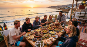 Communal dinner at a Morocco surf camp featuring local cuisine