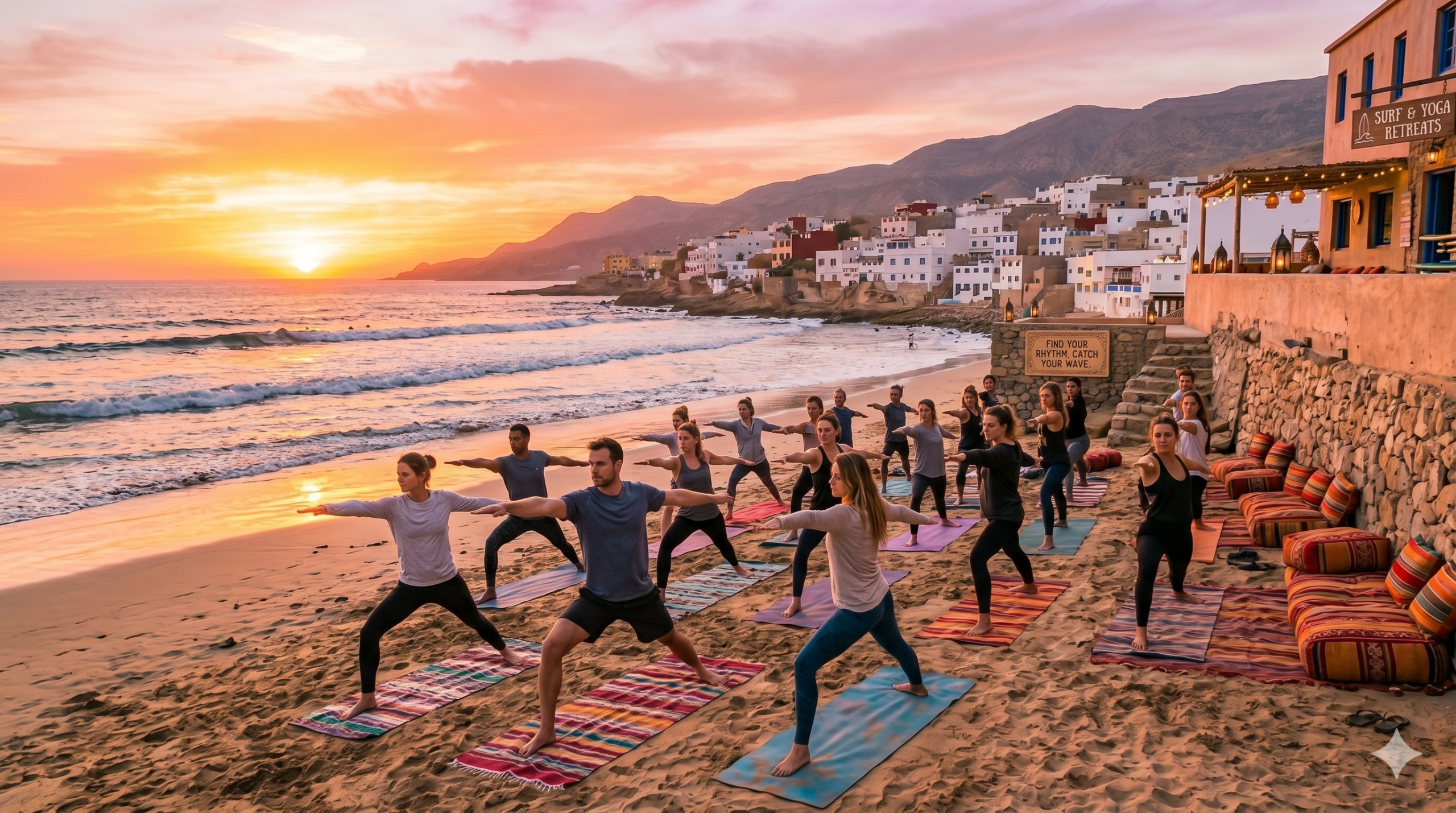 Sunset yoga session on rooftop terrace at Morocco surf hostel in Taghazout overlooking the Atlantic Ocean